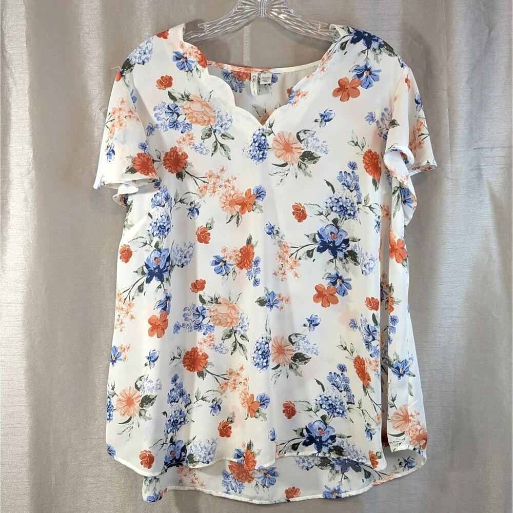 CATO Womans 14/16 White Blue Orange Floral Print Short Sleeve Blouse Fairycore
